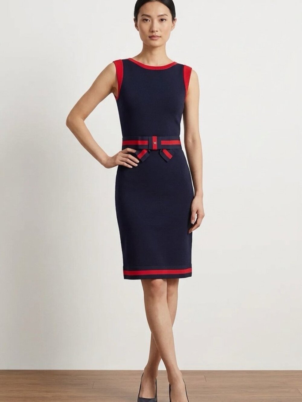 Carolina Herrera Navy Knit Sheath Dress (Small) Red Trim Bow Belt